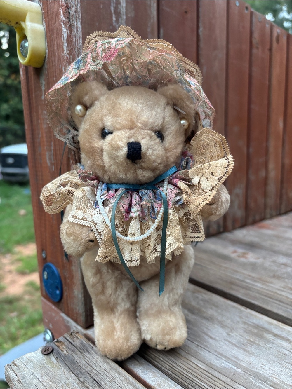 Beige Plush Bear Decor with Lace Dress and Bonnet